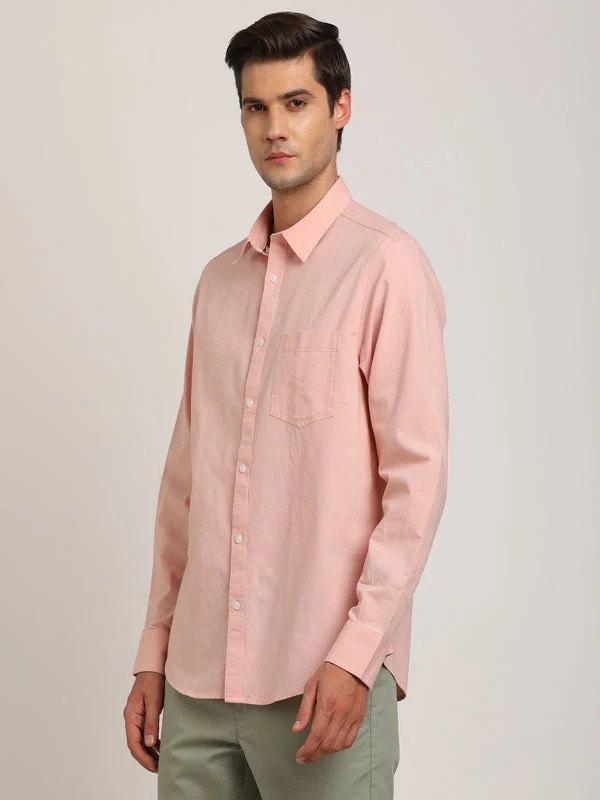 Indian Terrain Men's Regular Fit Full Sleeve Solid Pink Shirt